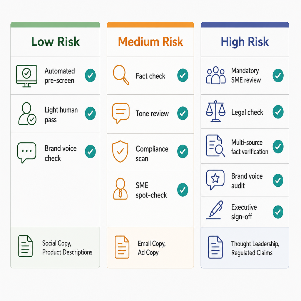 Three-column tiered review checklist showing Low Risk, Medium Risk, and High Risk review steps with corresponding content types at the base of each column.