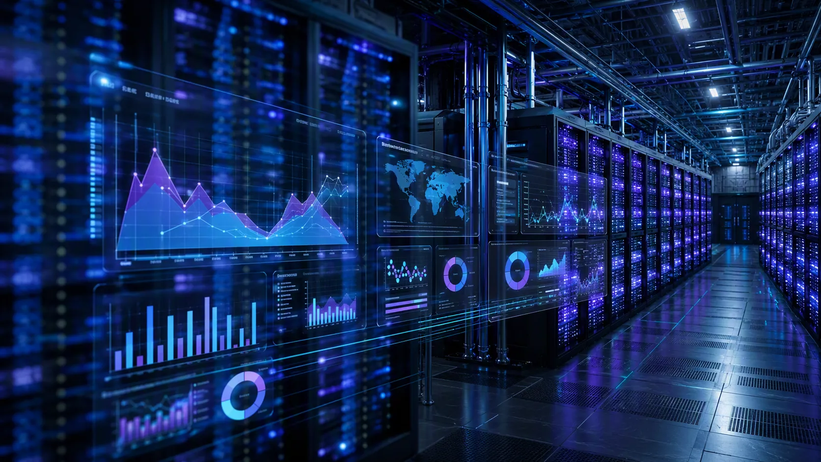 GPU server racks connected visually to digital advertising performance dashboards