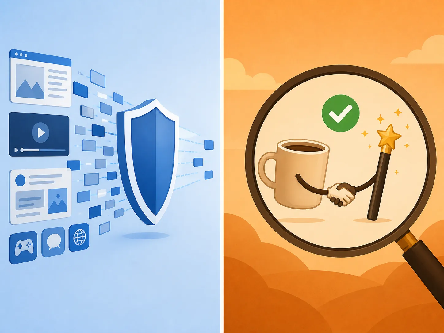 Split-screen illustration comparing placement-level brand safety controls with partnership-level brand suitability review