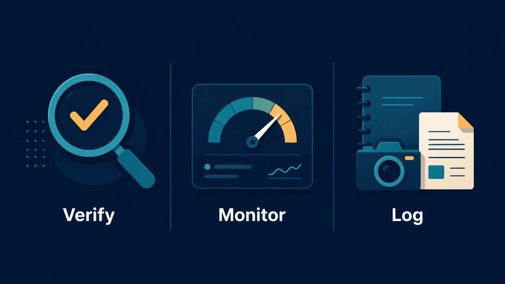 Three paid-media control columns labeled verify, monitor, and log