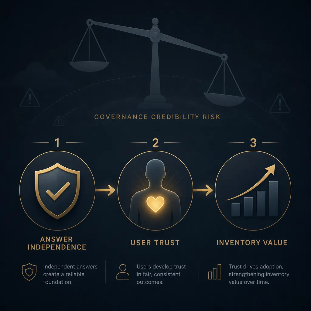 Flow from answer independence to user trust to inventory value under governance credibility risk
