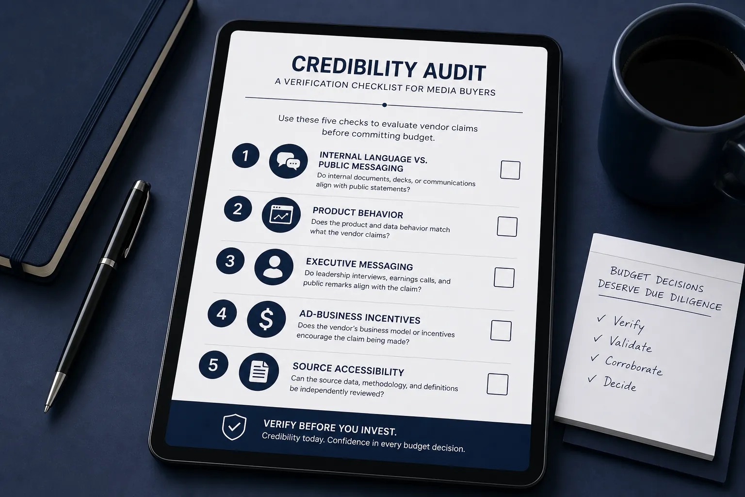 A tablet showing a verification checklist for media buyers reviewing platform claims