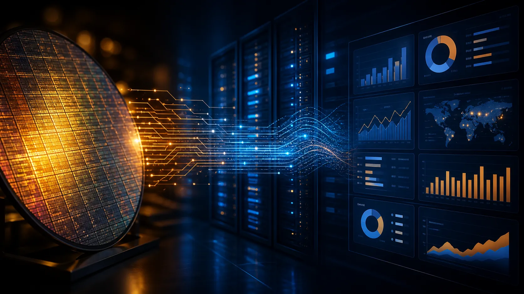 Semiconductor wafer, data streams, server racks, and rising advertising metrics connected in one composition