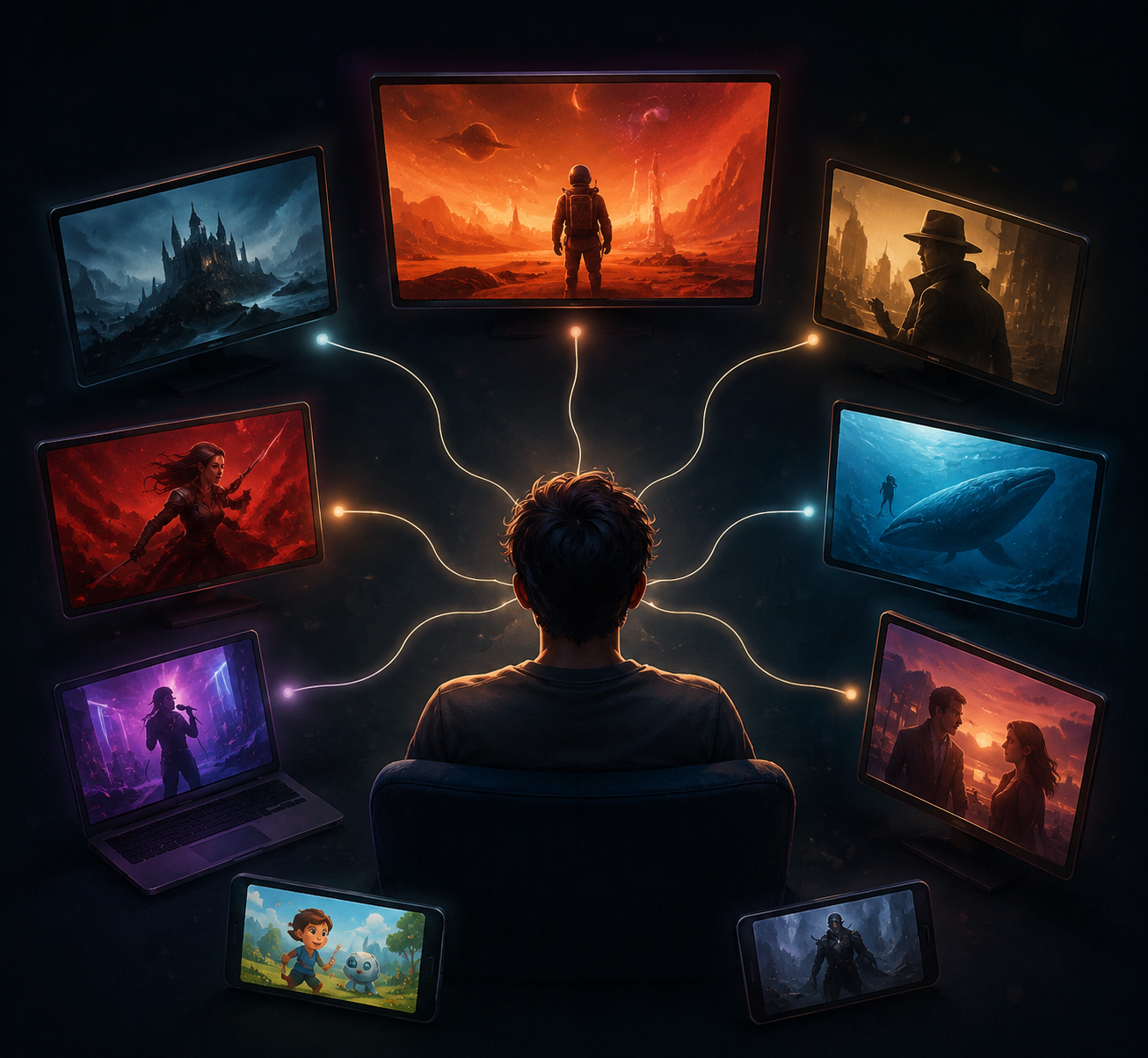 Person surrounded by multiple glowing streaming screens connected by thin lines