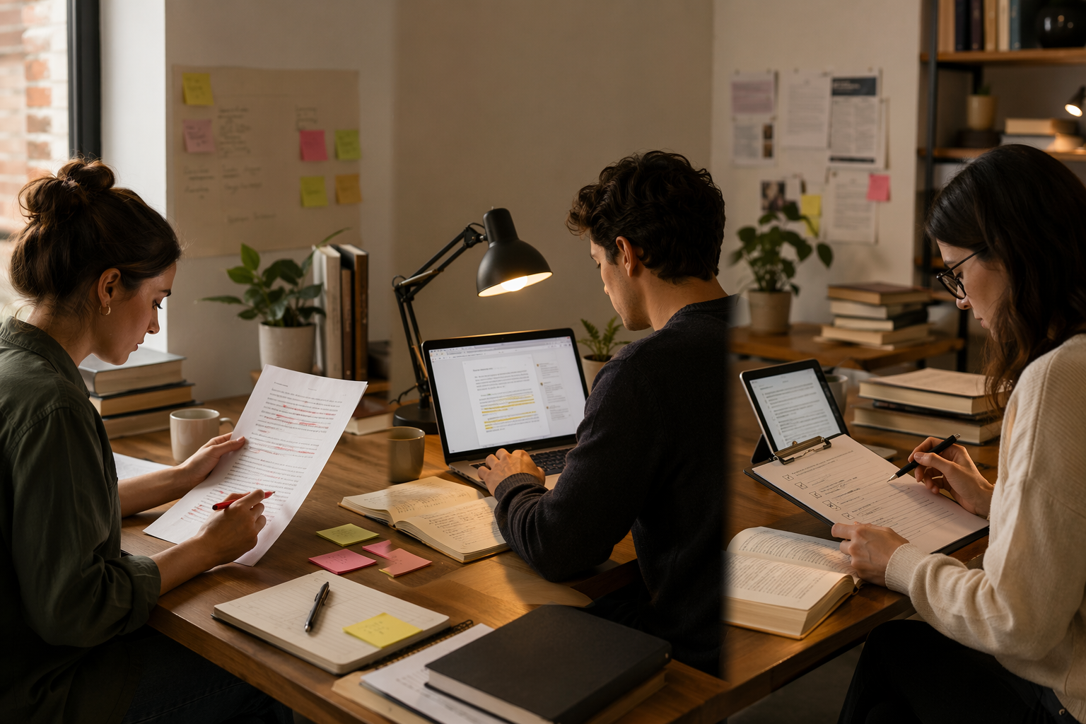 Editorial workspace showing strategic editing, humanization editing, and verification editing as separate review activities