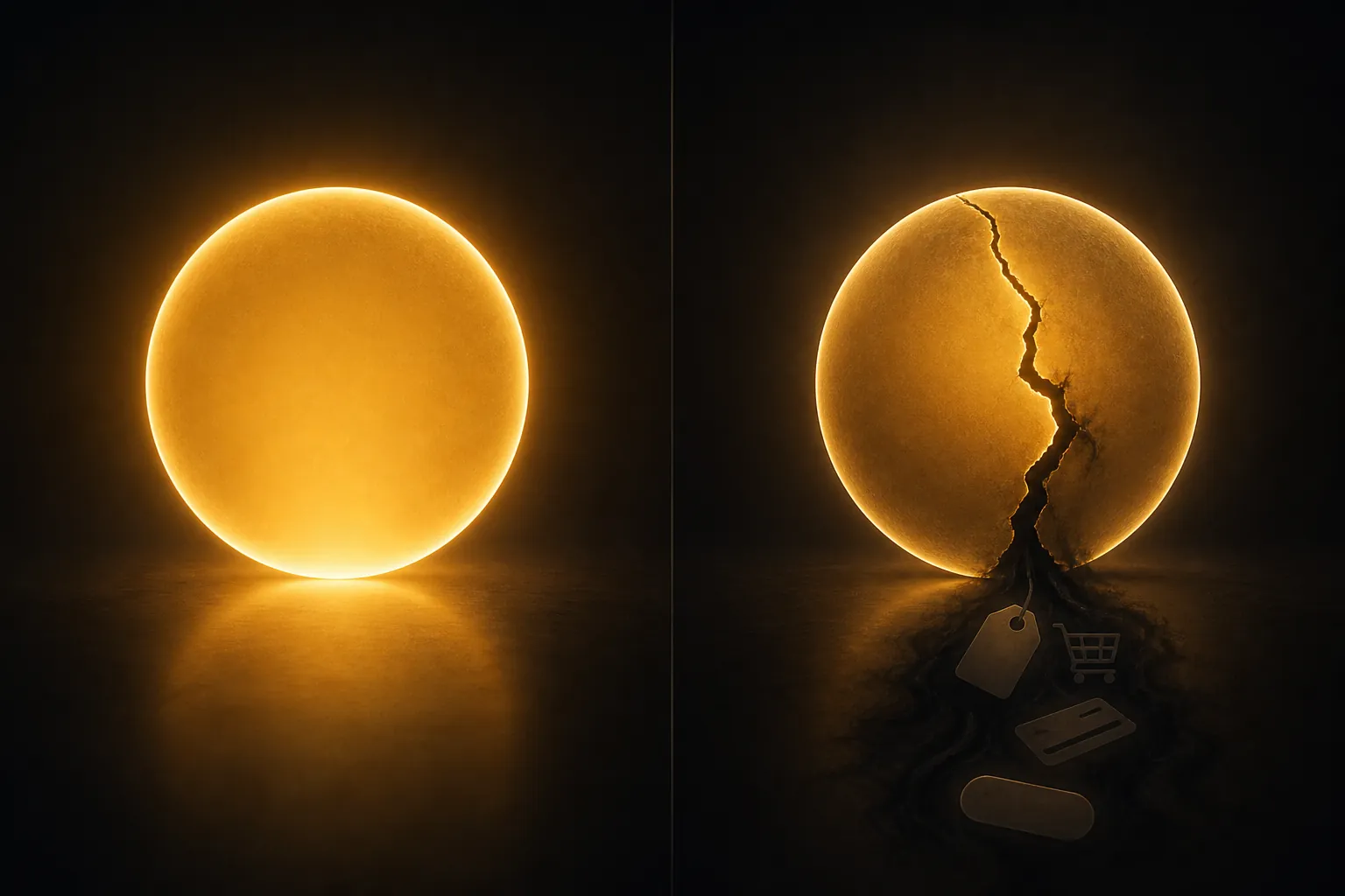 Two golden orbs, one intact and one cracked with ad elements leaking through