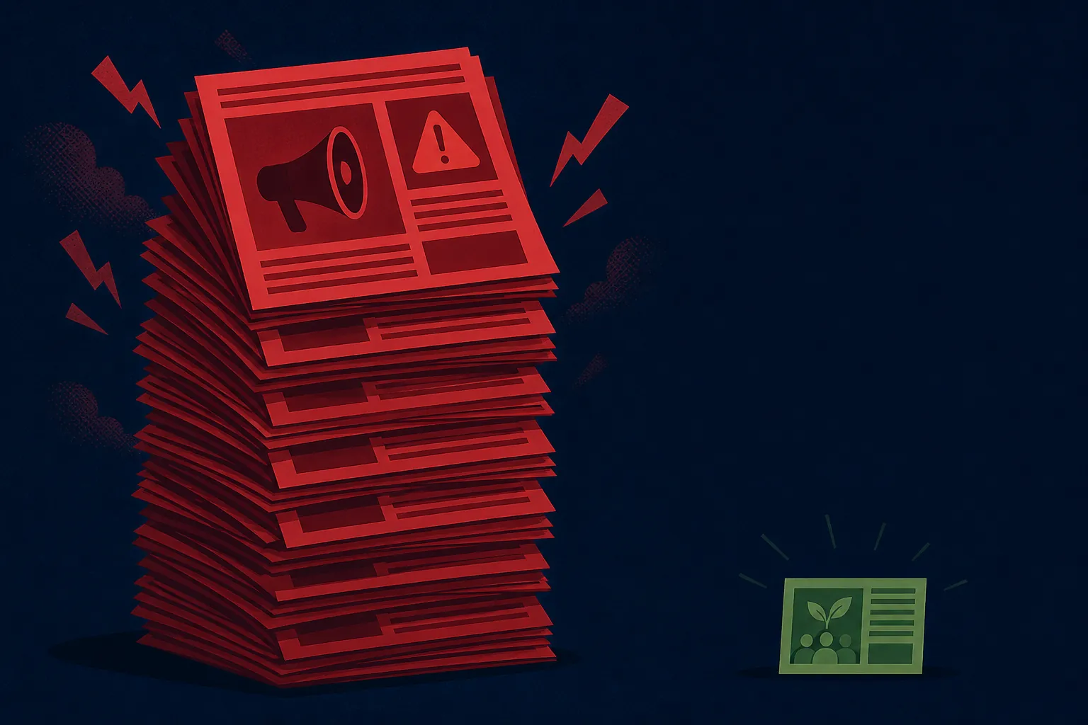A large stack of warning-themed news cards overwhelming a small card representing campaign operations and outreach