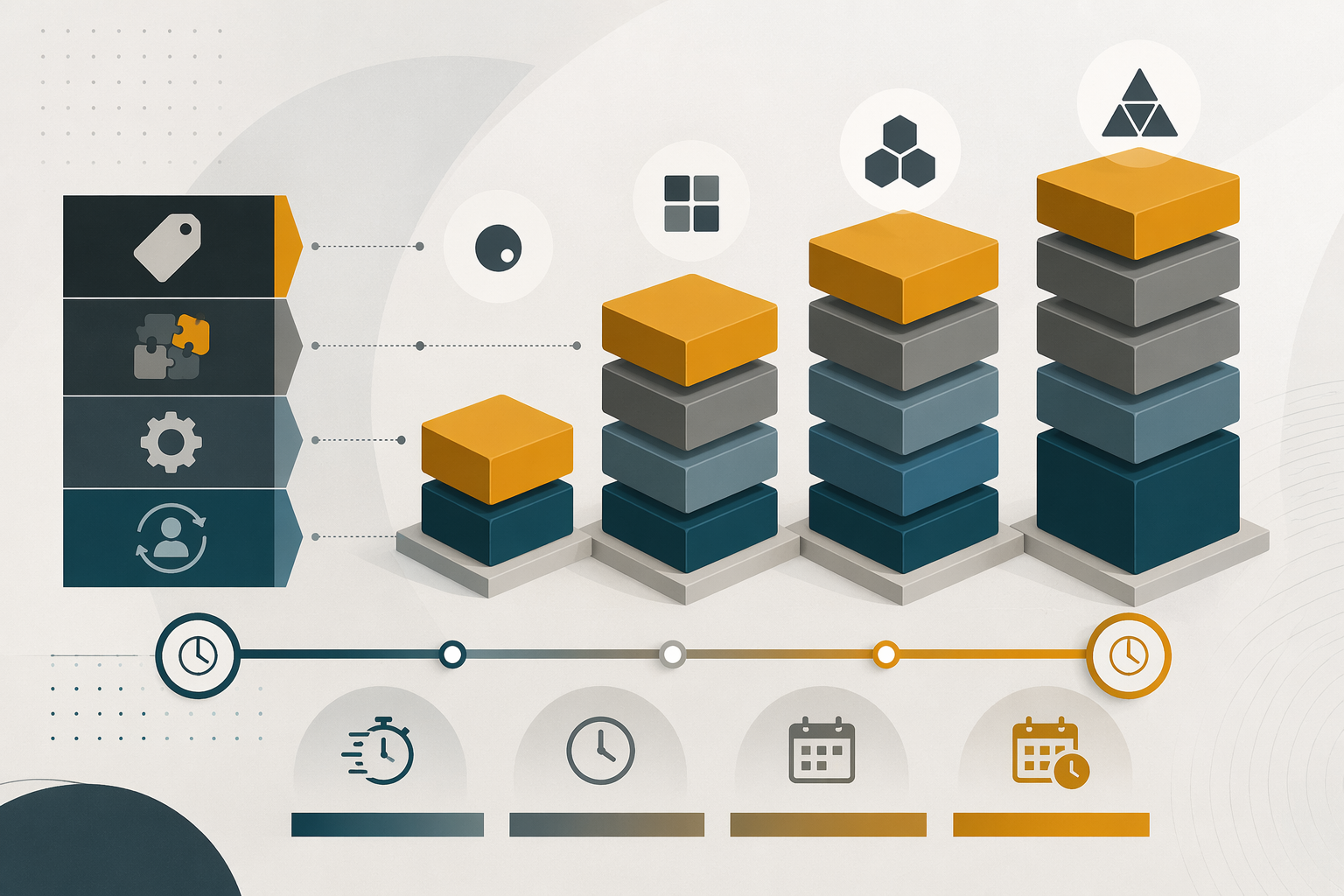 Stacked tiers of sticker price, add-ons, implementation cost, and admin overhead beside a setup timeline