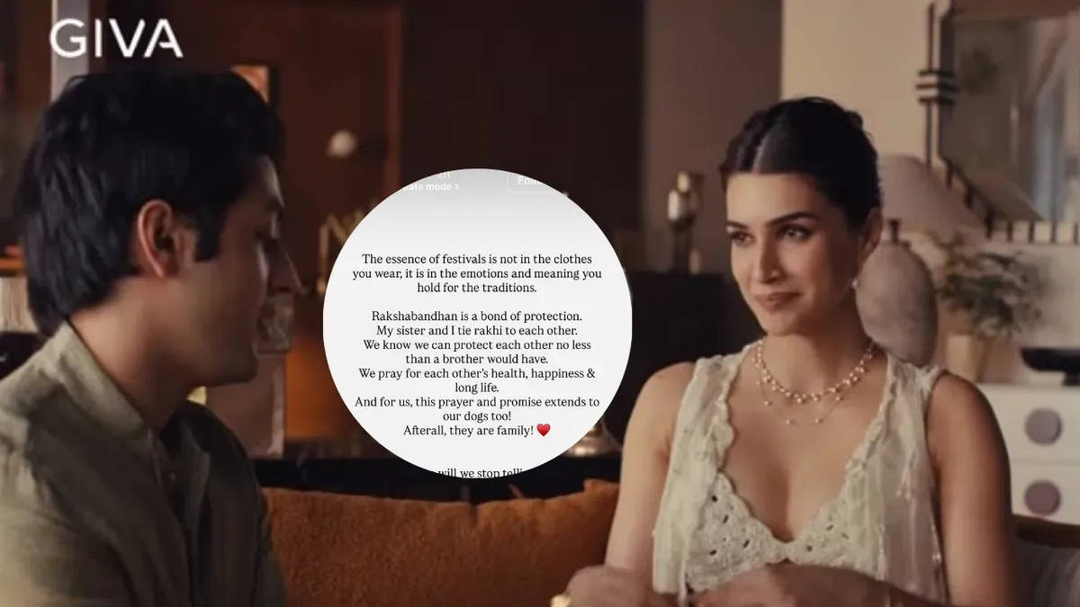 Kriti Sanon wearing the festive Indo-Western outfit featured in GIVA's withdrawn 2026 Raksha Bandhan campaign