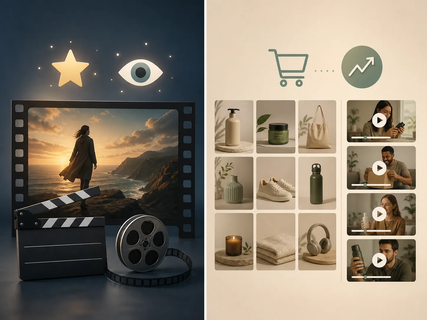 A cinematic hero film contrasted with a grid of ecommerce images and personalized video variations