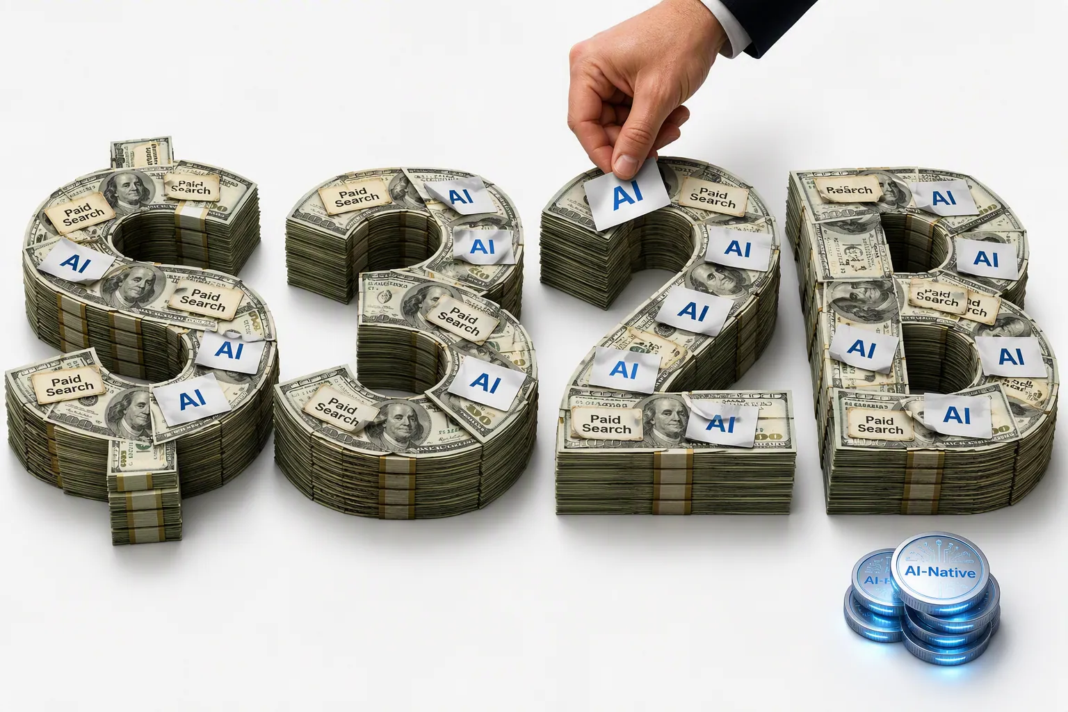 Dollar bills labeled as a large $32B AI spend figure, with AI stickers placed over older paid search labels and a much smaller pile representing new AI-native spend