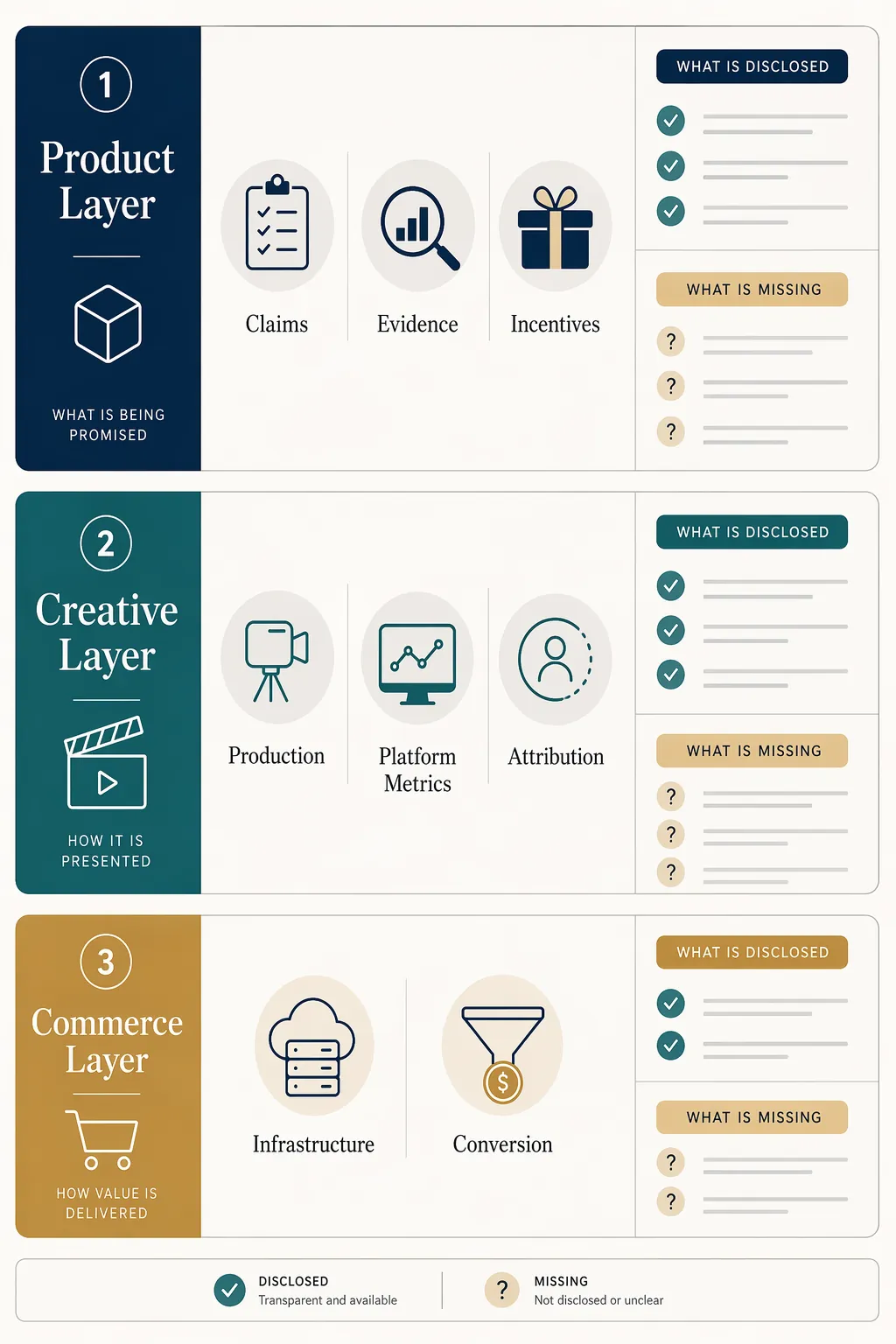 Framework diagram with product, creative, and commerce tiers showing claims, evidence, missing metrics, and audit questions