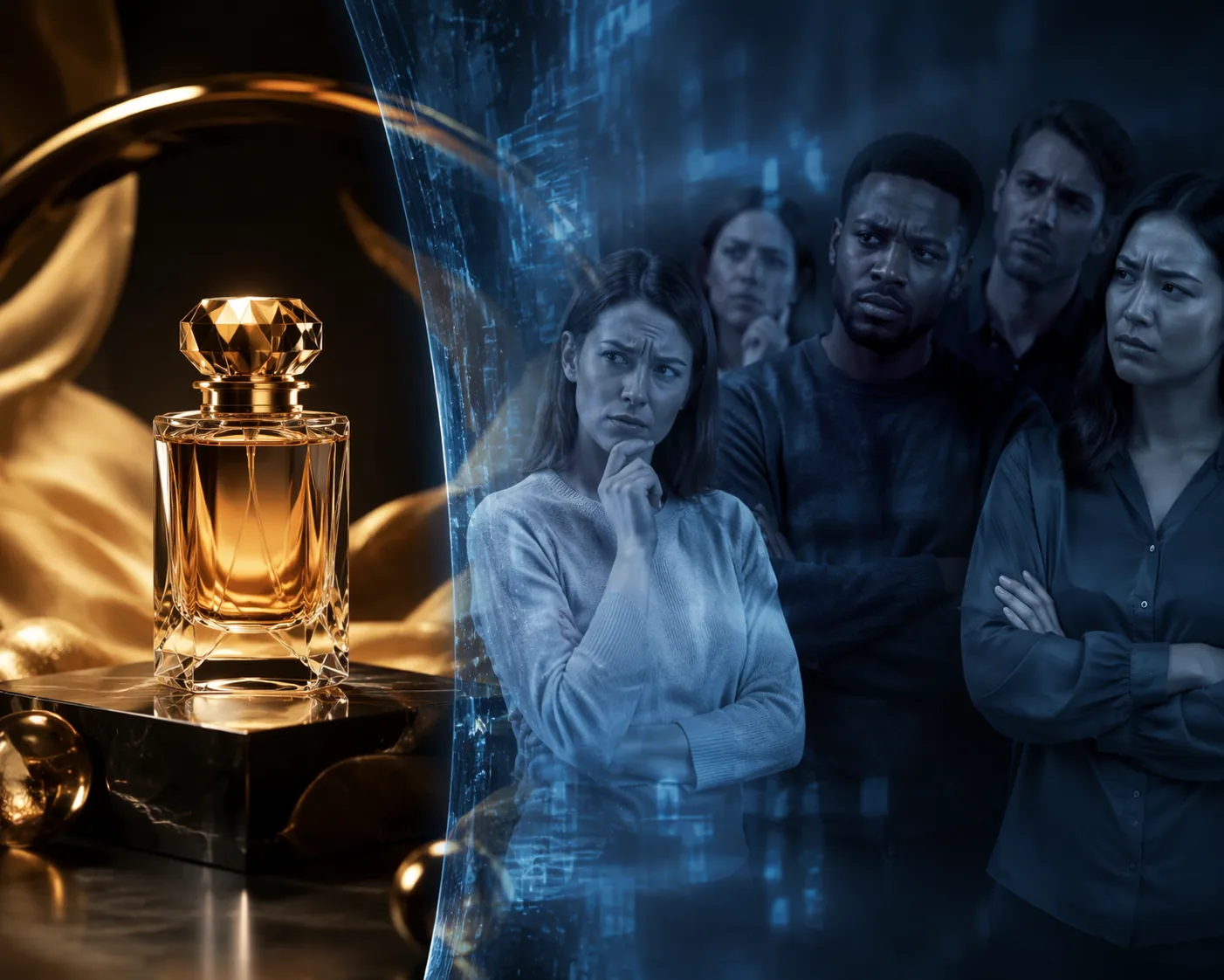 Polished AI-generated luxury advertisement contrasted with skeptical consumers