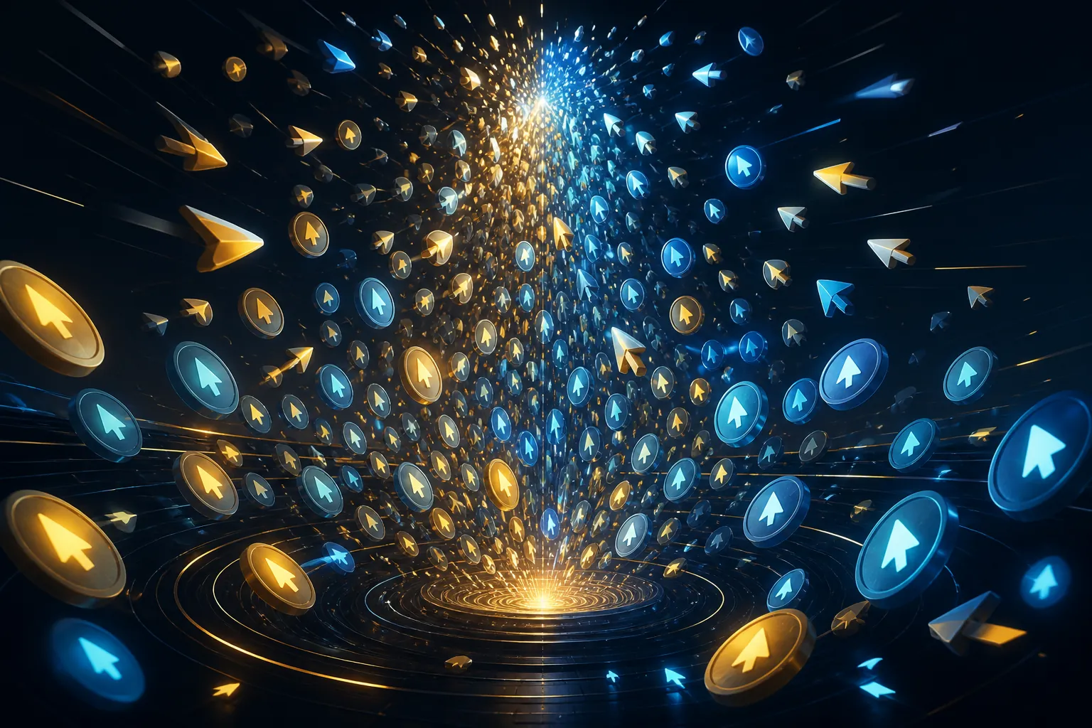 Dense swarm of glowing bid tokens converging inside a dark ad auction environment
