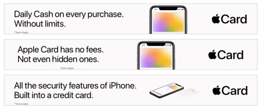 Minimalist Apple Card banner ads showing titanium card imagery and no annual fee messaging
