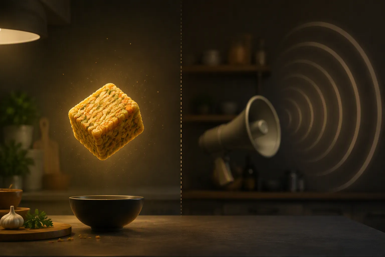 Split editorial image contrasting a glowing freeze-dried cube with advertising amplification