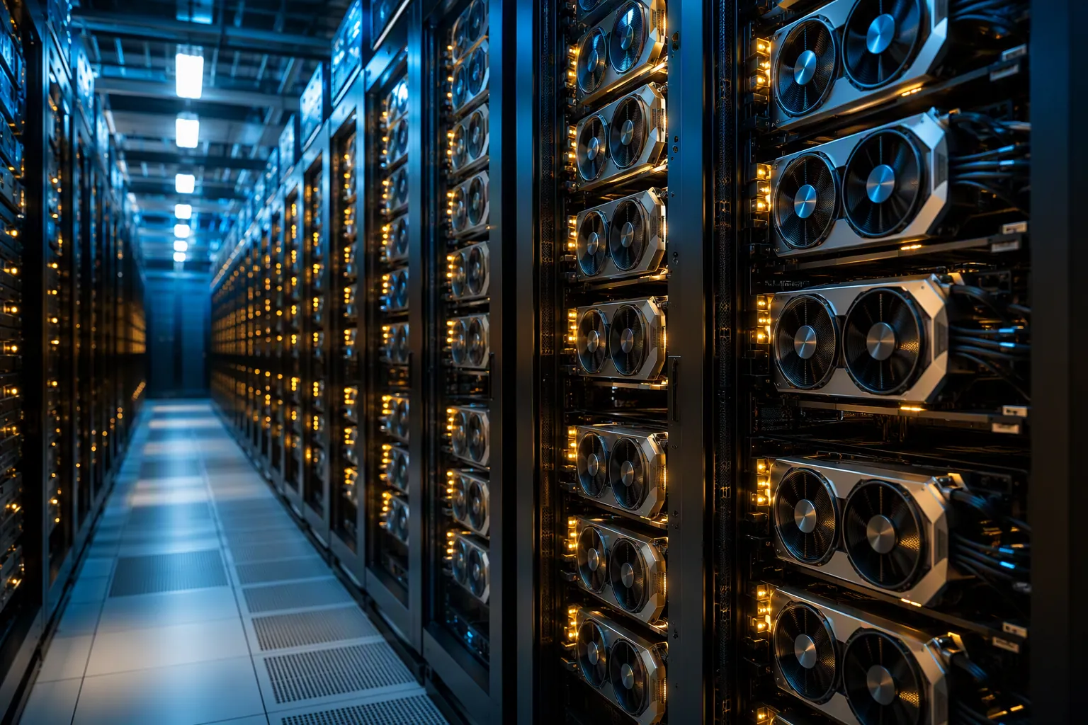 Dense GPU server racks in a data center under blue and amber lighting