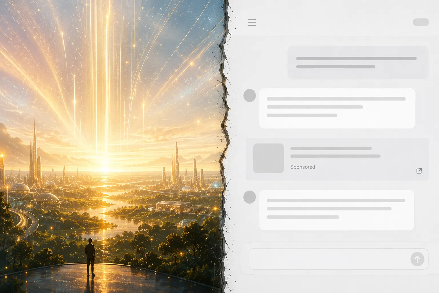 Luminous abstract AI horizon split from a muted chat interface with one sponsored message
