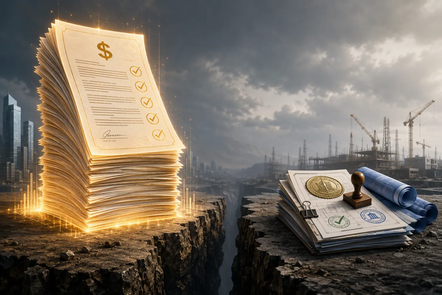 Gap between announced contract documents and grounded regulatory permits and construction plans