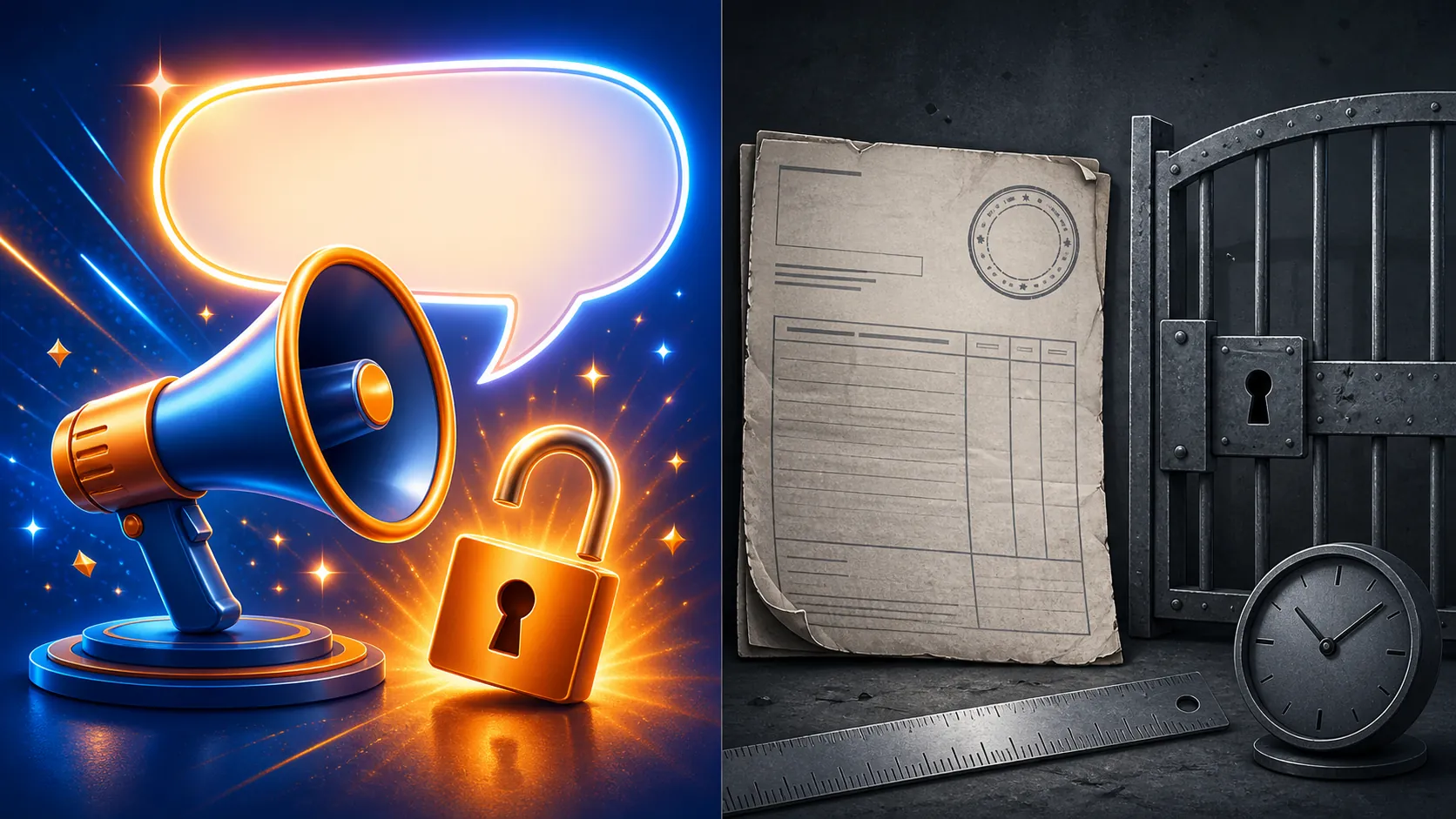 A split illustration contrasting promotional AI-model claims with a dated invoice, access gate, ruler, and clock
