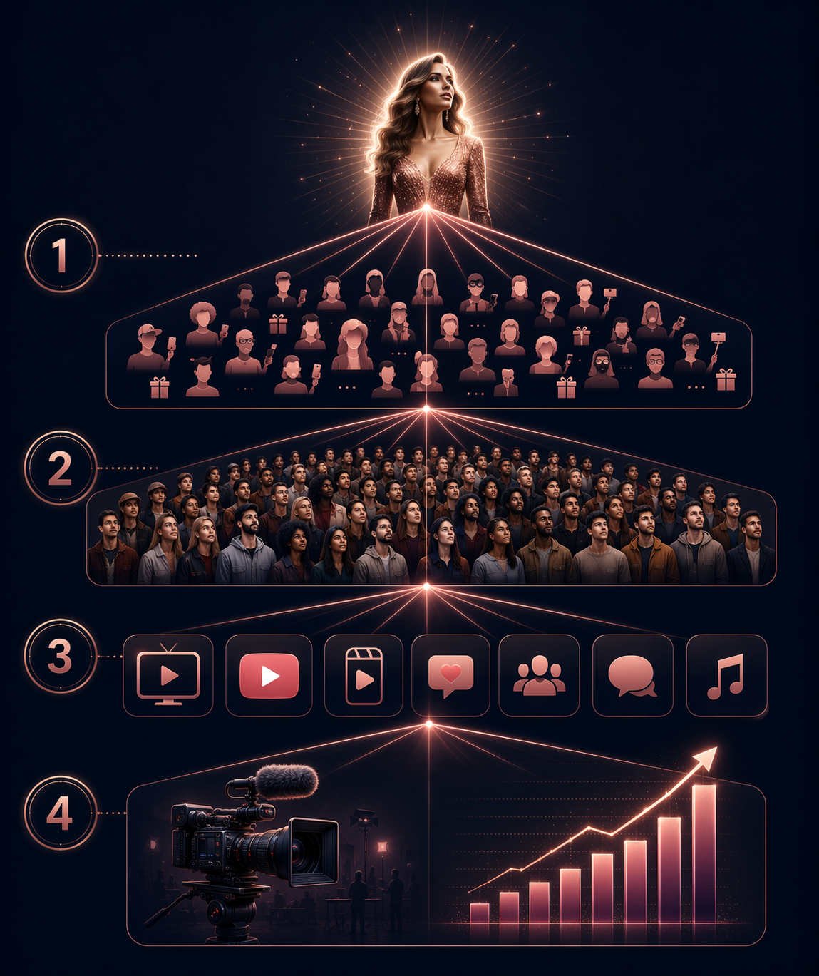 Diagram of a multi-layer content distribution system connecting anchor talent, creators, open casting, streaming, documentary content, and sales outcomes