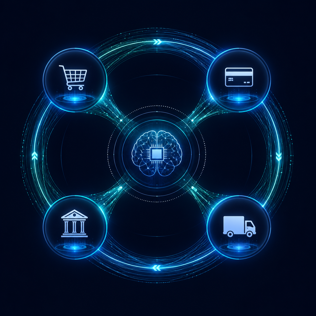Circular data flywheel connecting marketplace commerce, payments, credit, and logistics to an AI risk analysis hub