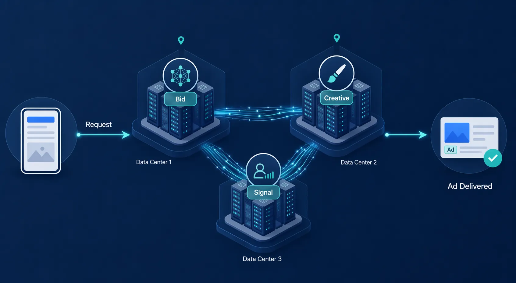 Infographic of an ad request moving through bid, creative, and signal data center nodes