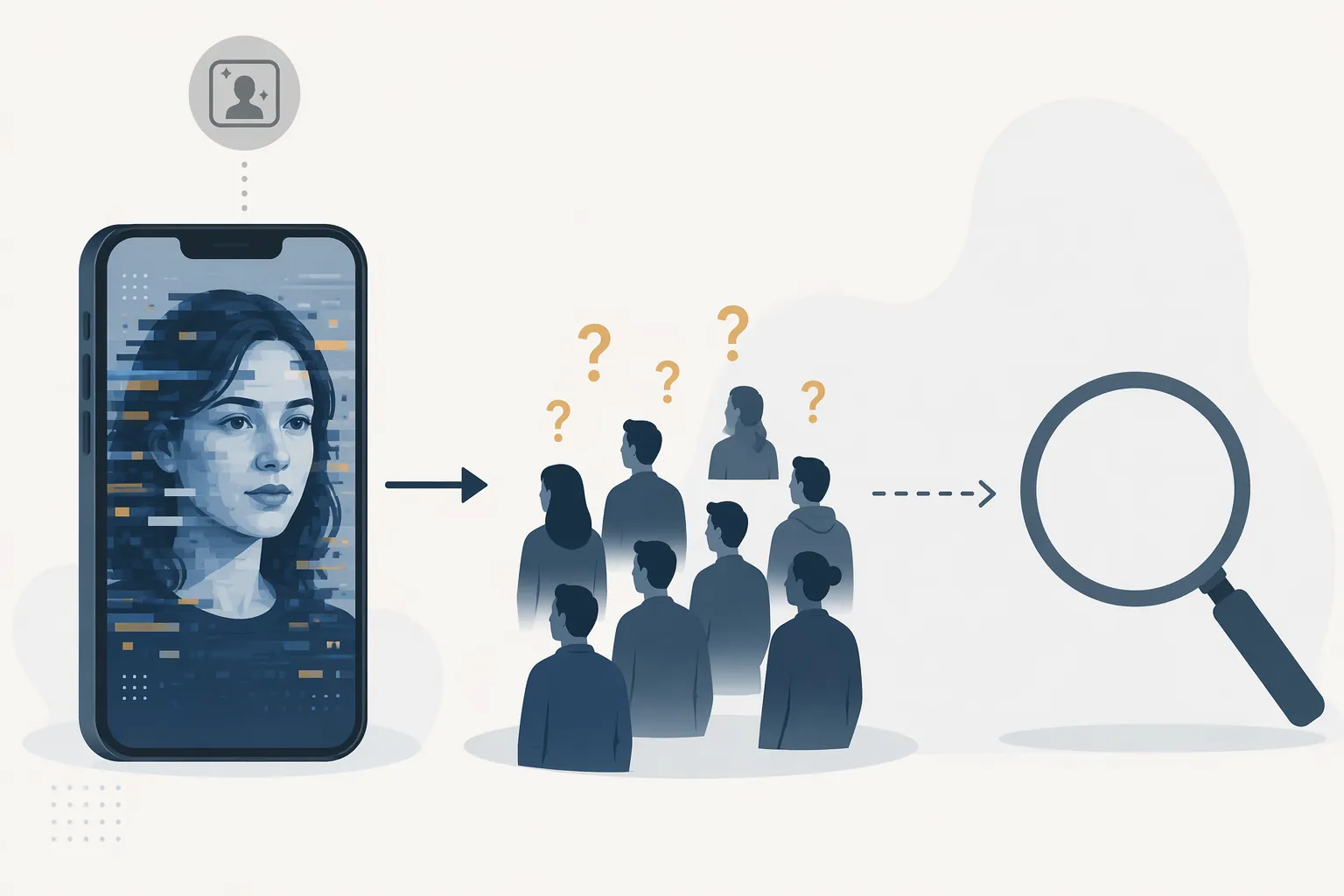 Illustration of a broken verification loop between AI ad content, disclosure labels, audience reaction, and independent review