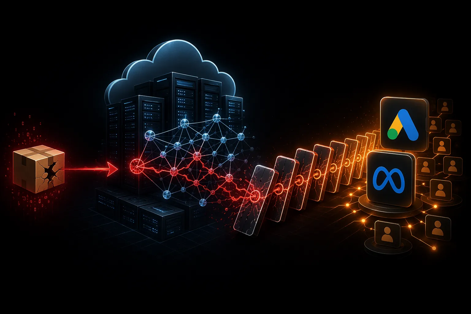 Supply chain attack moving from a cracked software package through AI infrastructure into advertising platform systems