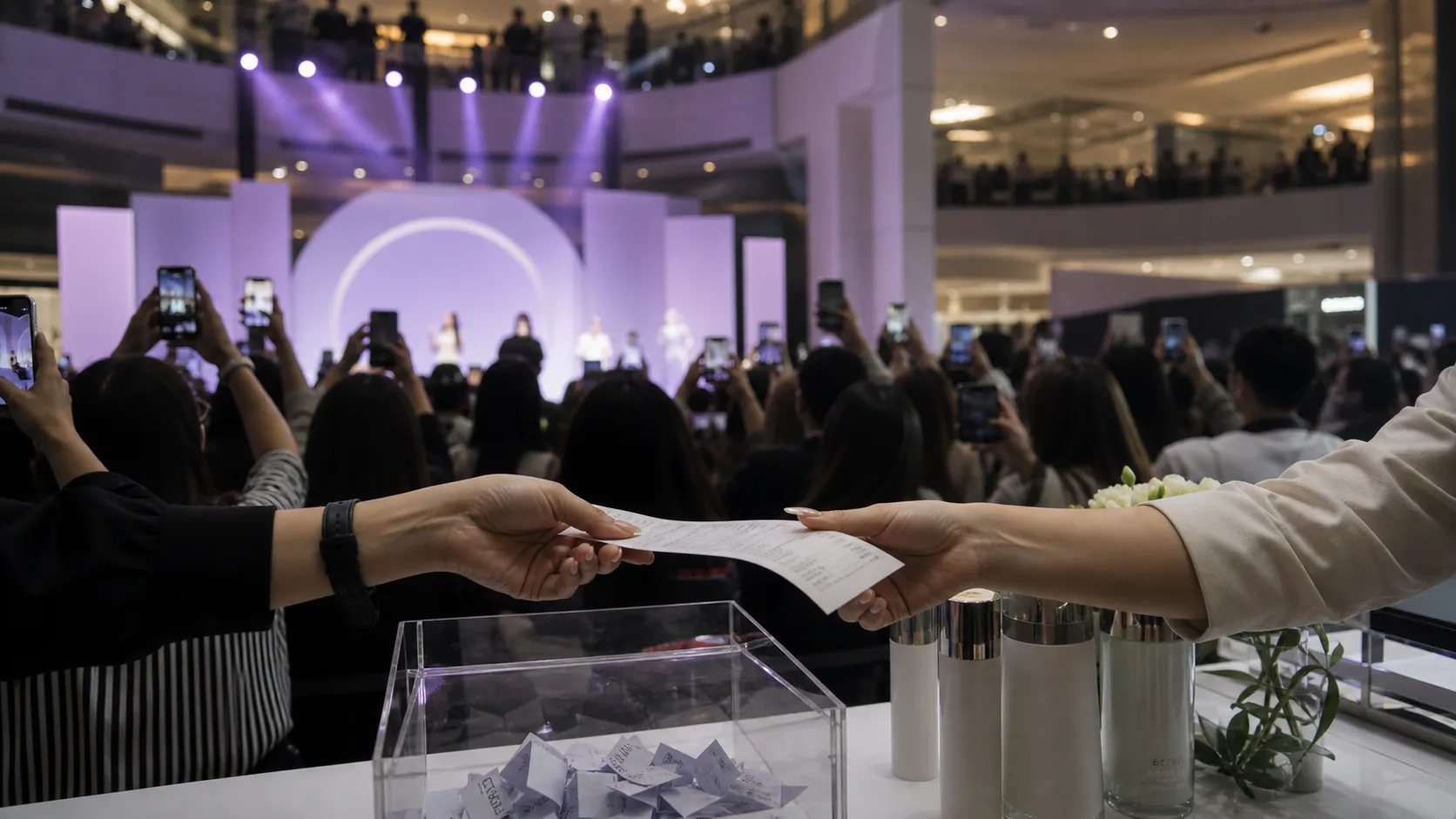 Crowded mall brand-event stage with fans holding phones while a receipt is passed beside a raffle box