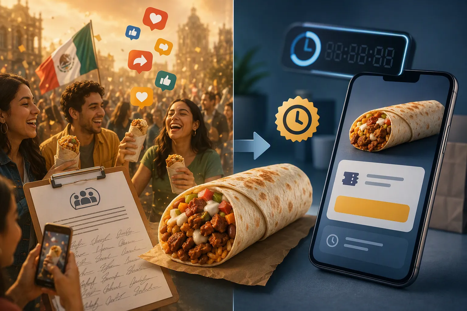 Split editorial scene contrasting earned-media cultural momentum with an app-based limited-offer promotion