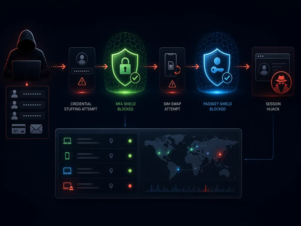 Credential theft path blocked by MFA and passkey shields with an Active Sessions monitoring panel below
