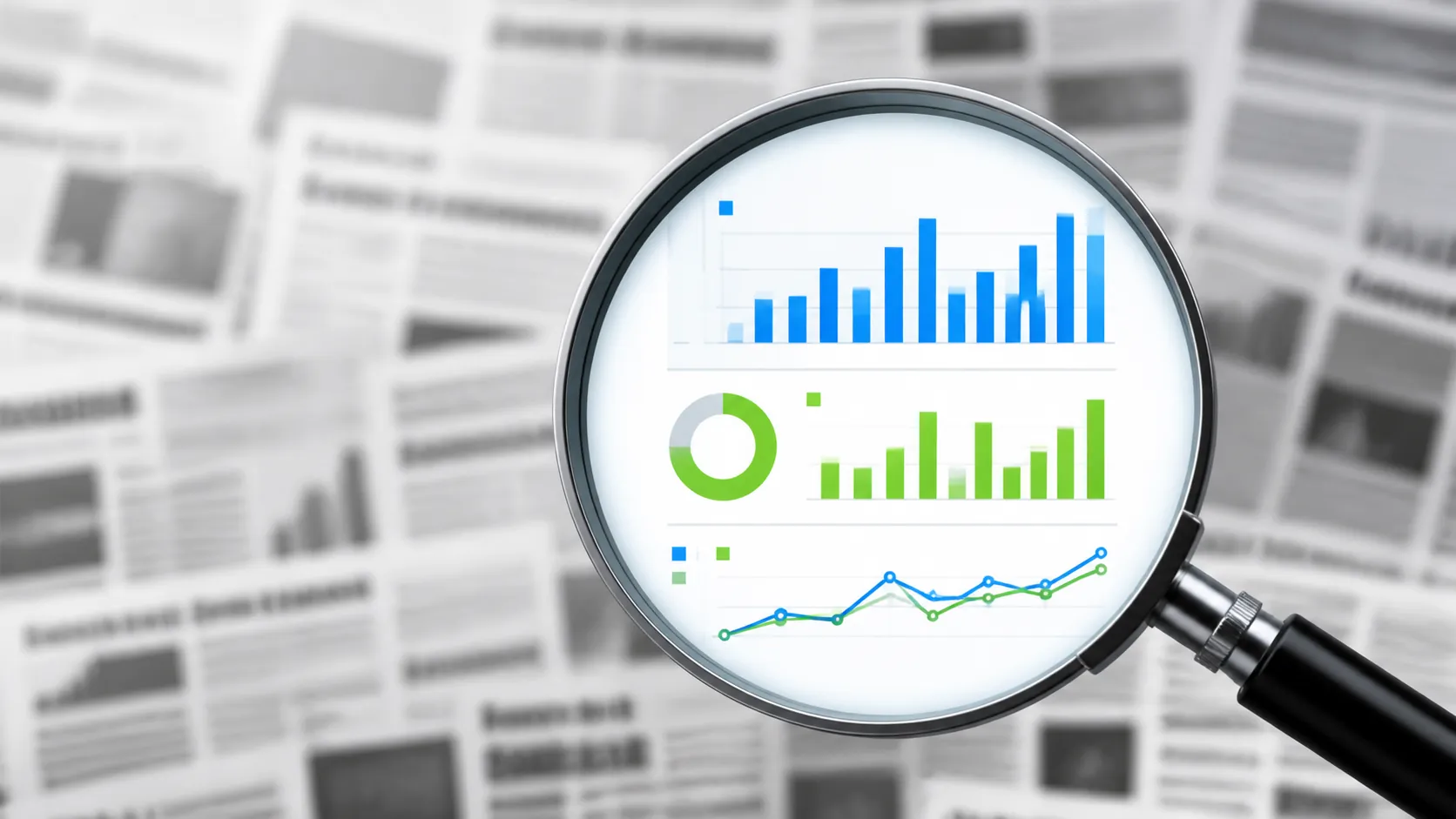 Magnifying glass over account metrics while blurred earnings headlines fade behind it