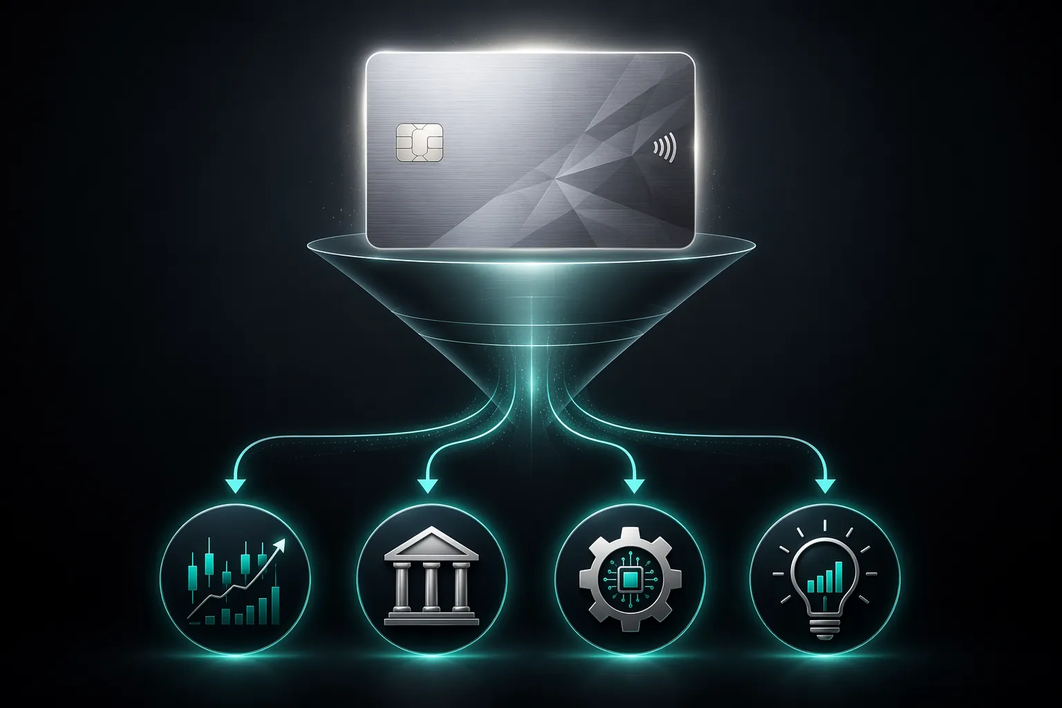 Fintech funnel showing a platinum card flowing into brokerage, banking, automated strategies, and investment insights