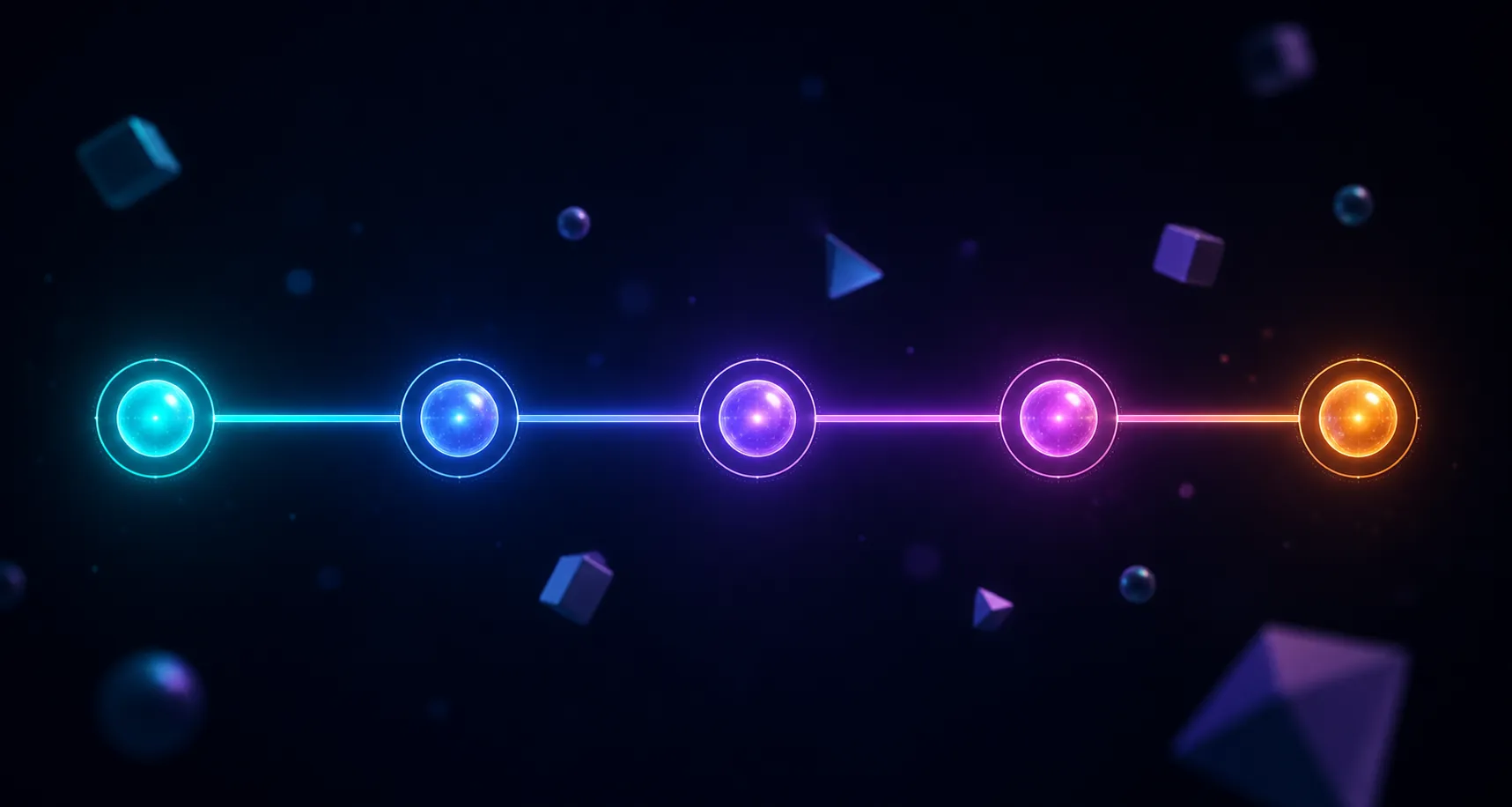 A dark product timeline with five glowing milestone points connected by a luminous line