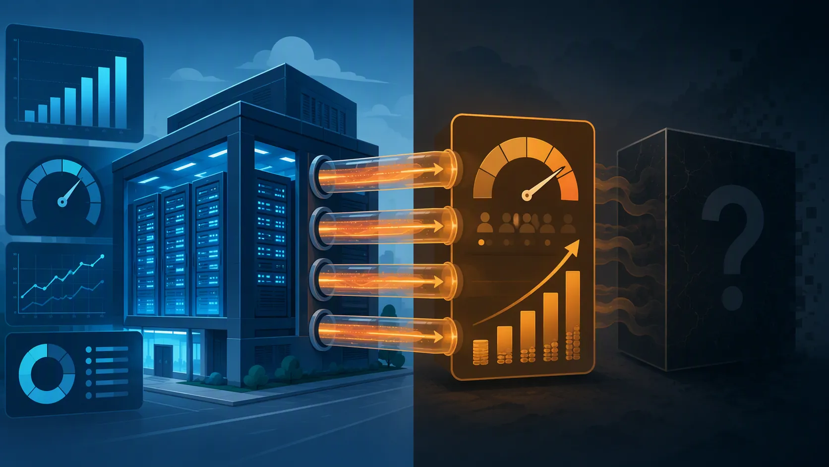 AI data center connected by four energy pipelines to an ad-auction dial, with measurable data fading into an opaque box