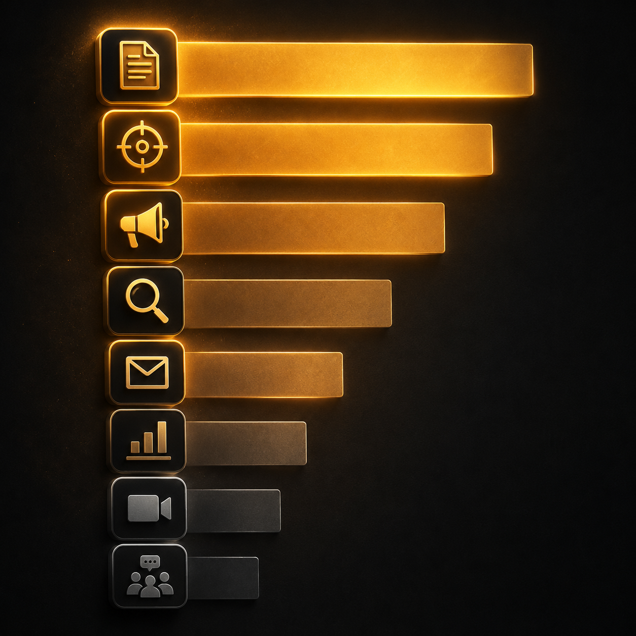 Ranked marketing function icons showing content drafting and personalization above lower-performing AI video and paid social creative