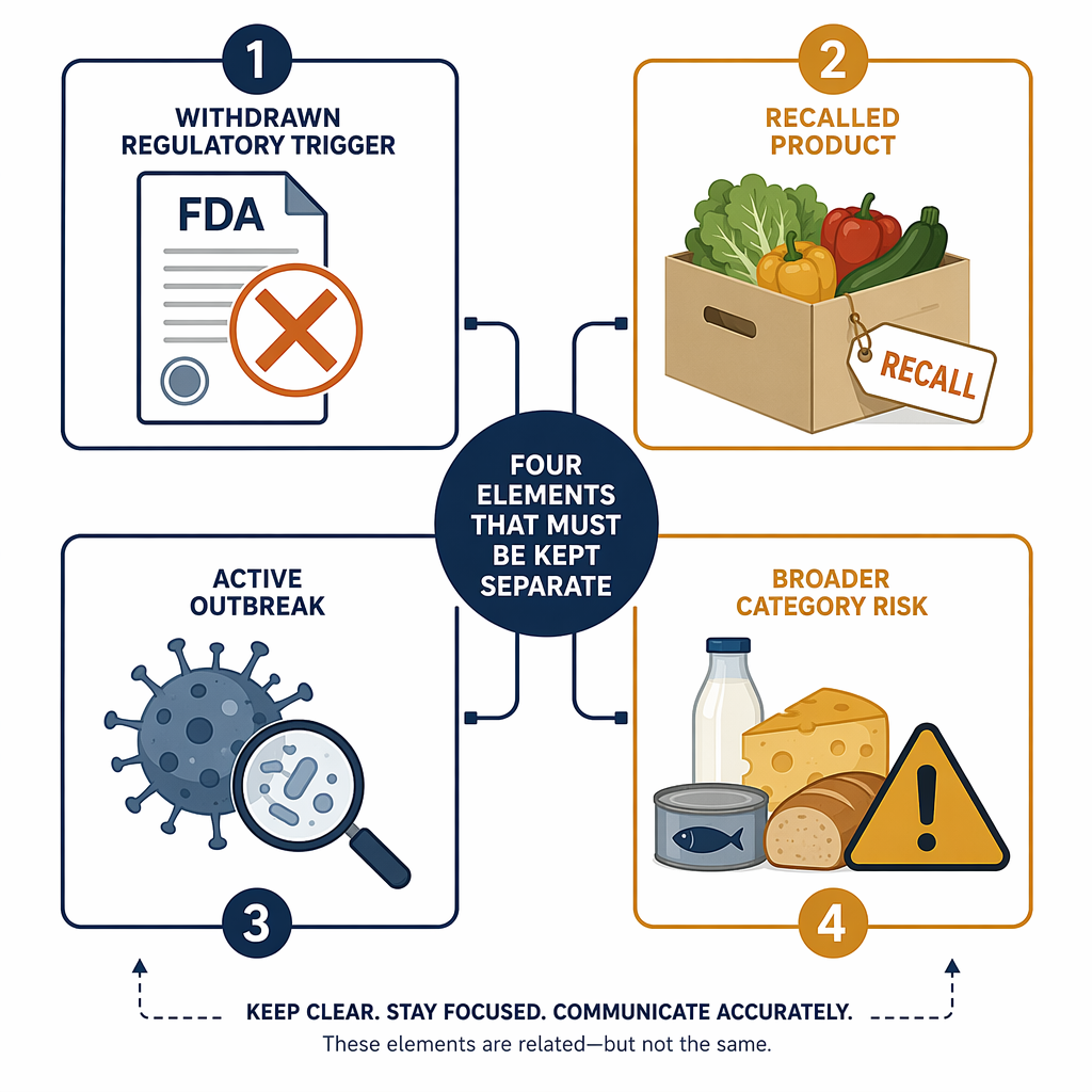 Framework diagram separating the withdrawn FDA trigger, recalled product, active outbreak, and broader category risk