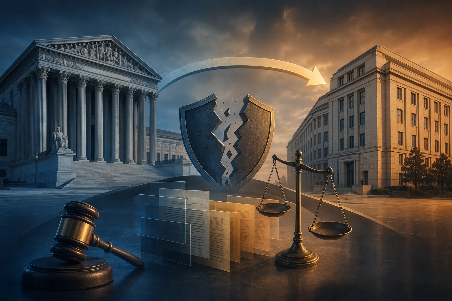 Supreme Court and Federal Trade Commission buildings connected by a visual bridge with a broken shield and regulatory documents