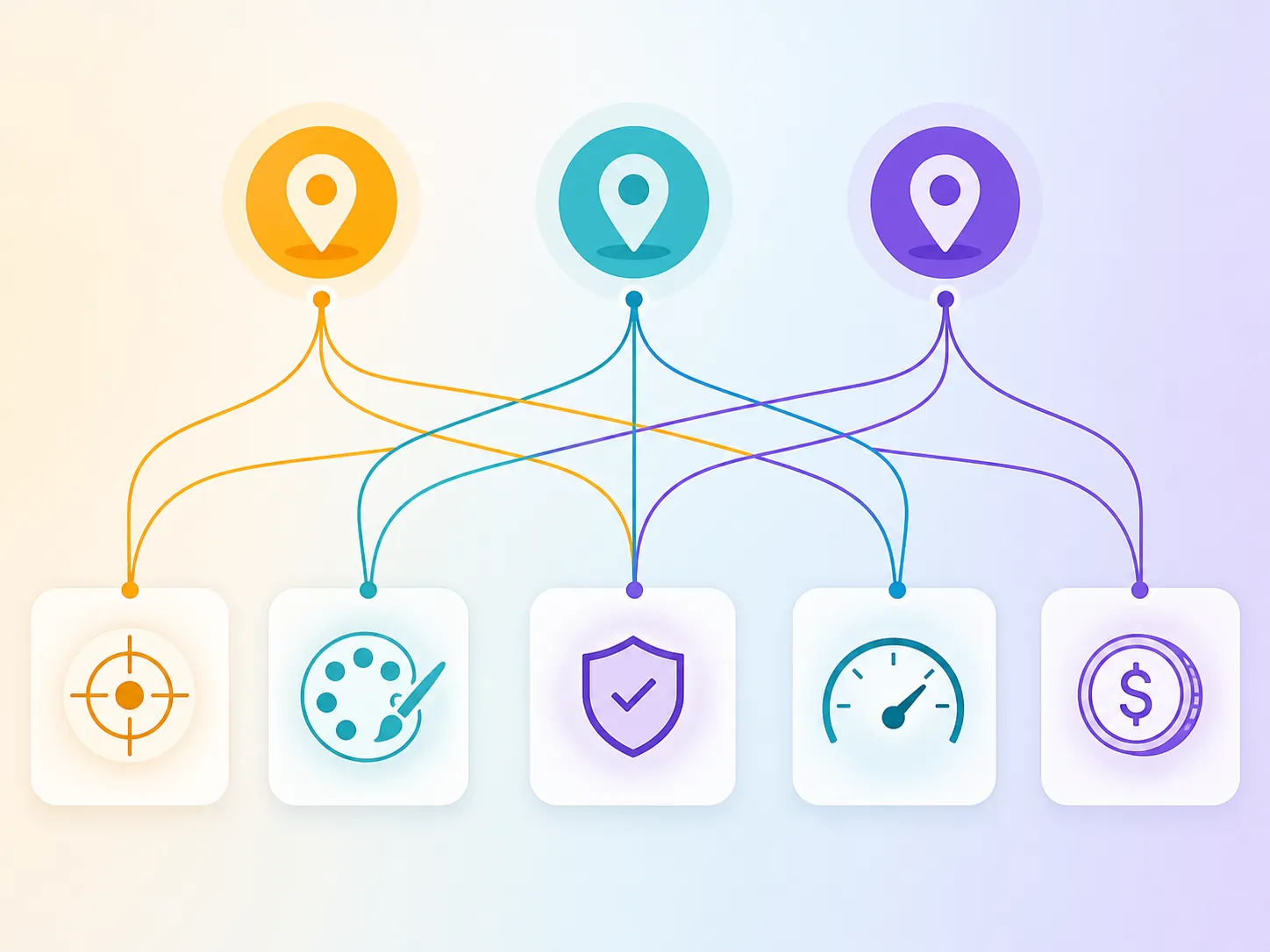 Diagram connecting jurisdictions to campaign levers including targeting, creative, consent, measurement, and cost