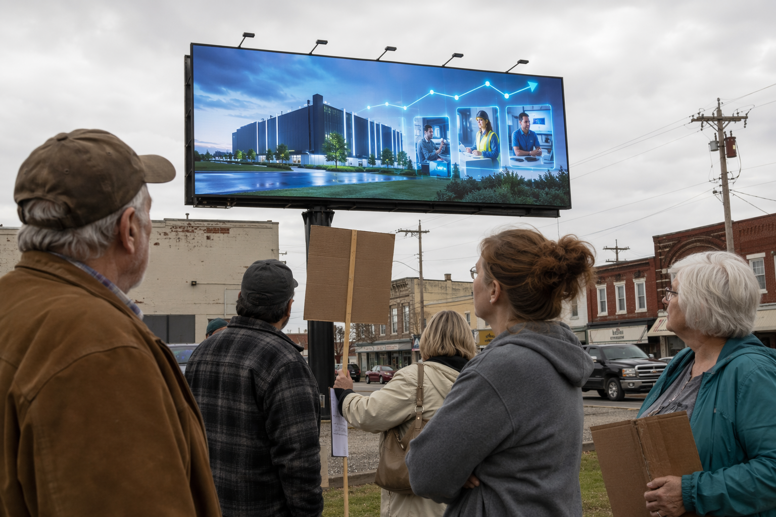 Residents in a small American town looking skeptically at a polished data center billboard