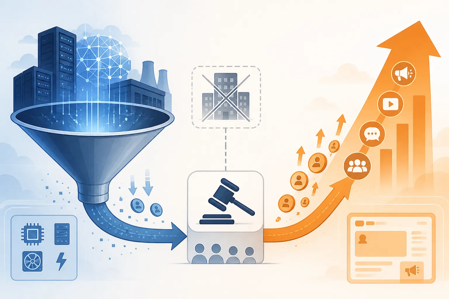 Data center silhouettes and neural network lines feeding cost pressure into an auction platform