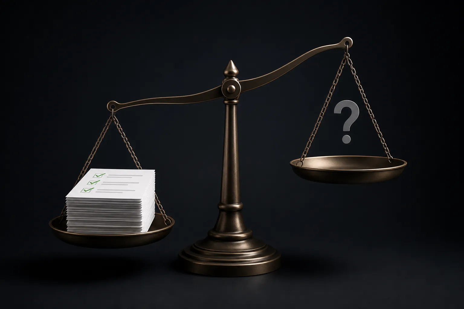 A balance scale comparing checked documents with an empty side marked by a question mark