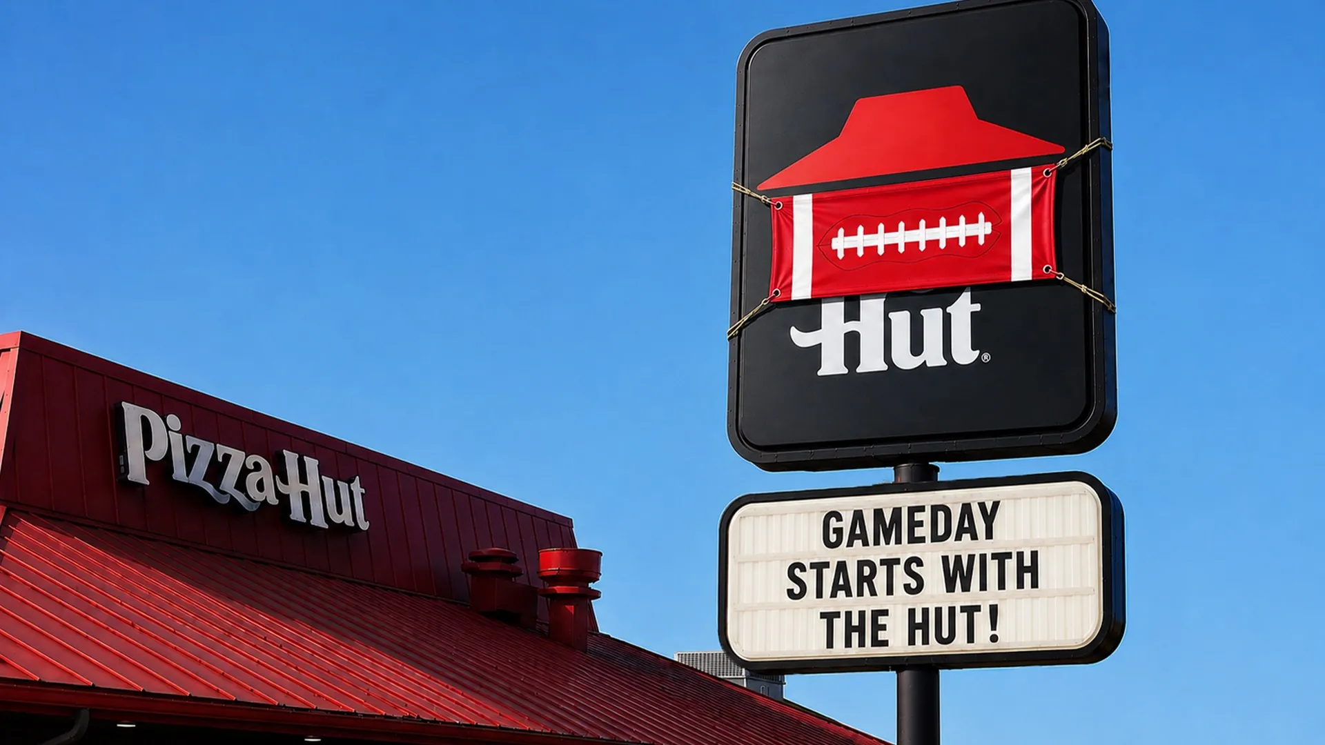 Pizza Hut dine-in restaurant exterior with temporary HUT signage