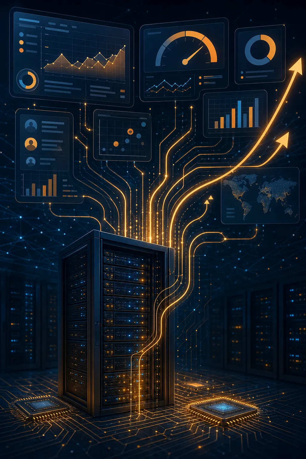 Dark data center server rack with glowing processor nodes connected to ad platform dashboard metrics