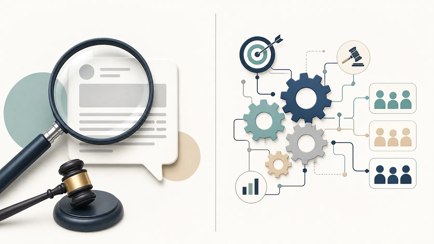 Split illustration contrasting an AI advertisement under legal review with audience targeting and campaign-delivery machinery