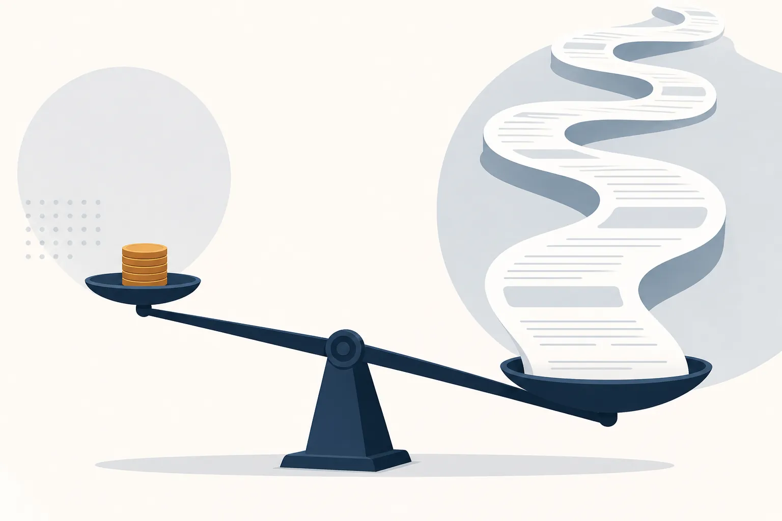Balance scale comparing a small coin stack with a long winding ribbon to show token price gaps by workload length