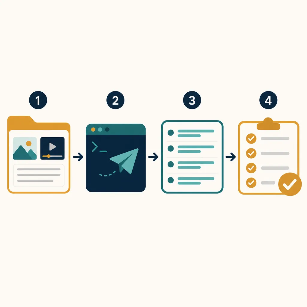 Four-step async workflow from creative inputs through an API request to text results and human review