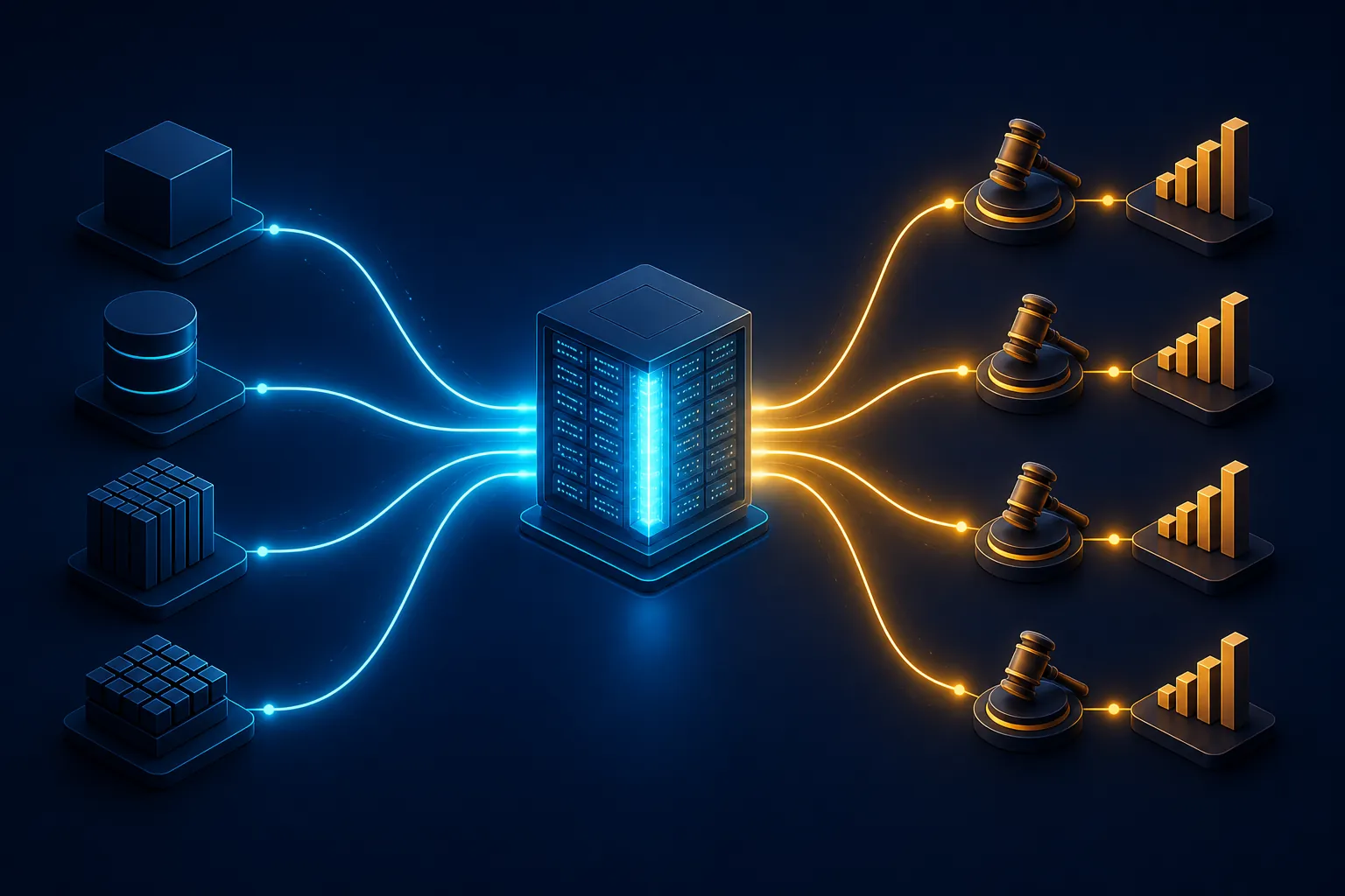 Four corporate blocks sending compute lines into a central server core and out to auction nodes