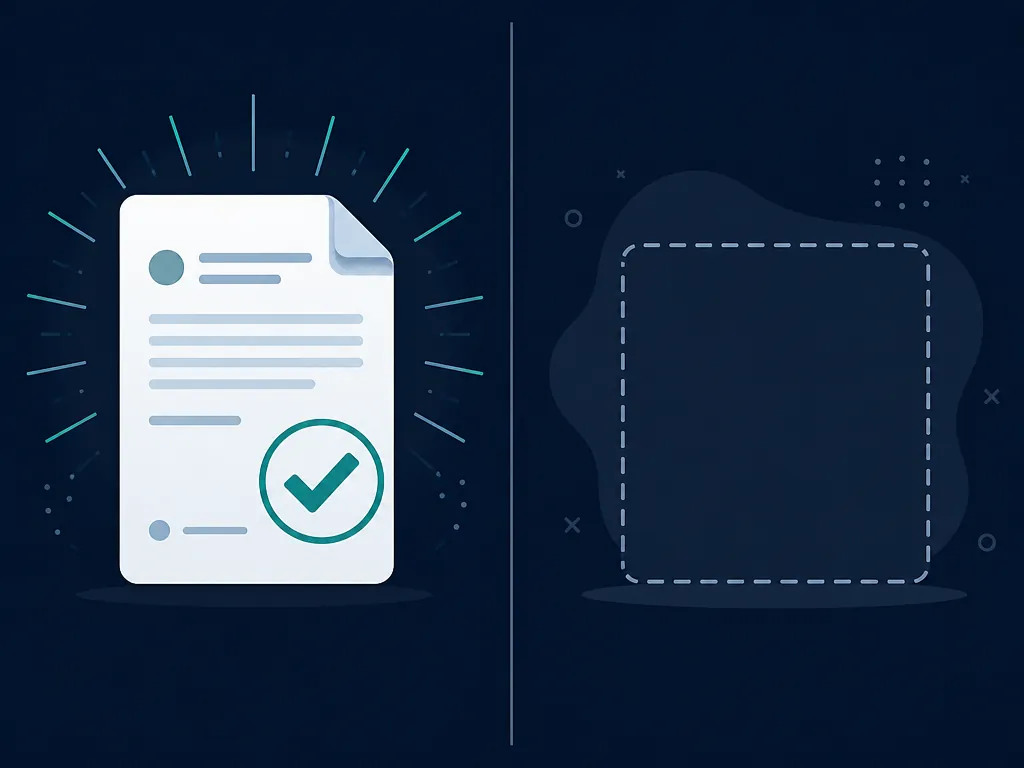 A split-panel graphic with a verified document on one side and an empty dashed container on the other